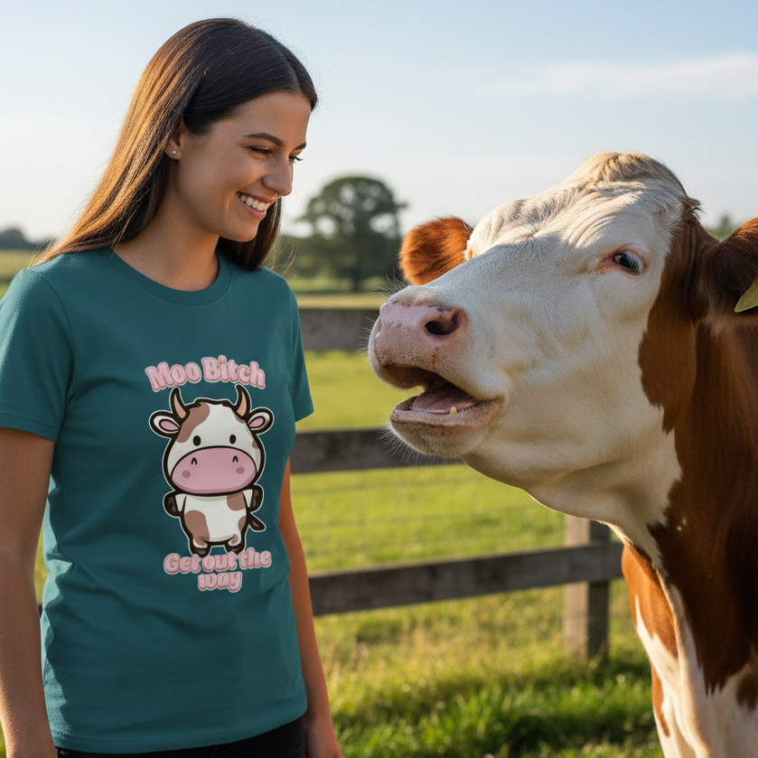 Woman wearing a teal t-shirt with a cow graphic and text, standing next to a cow in a field.