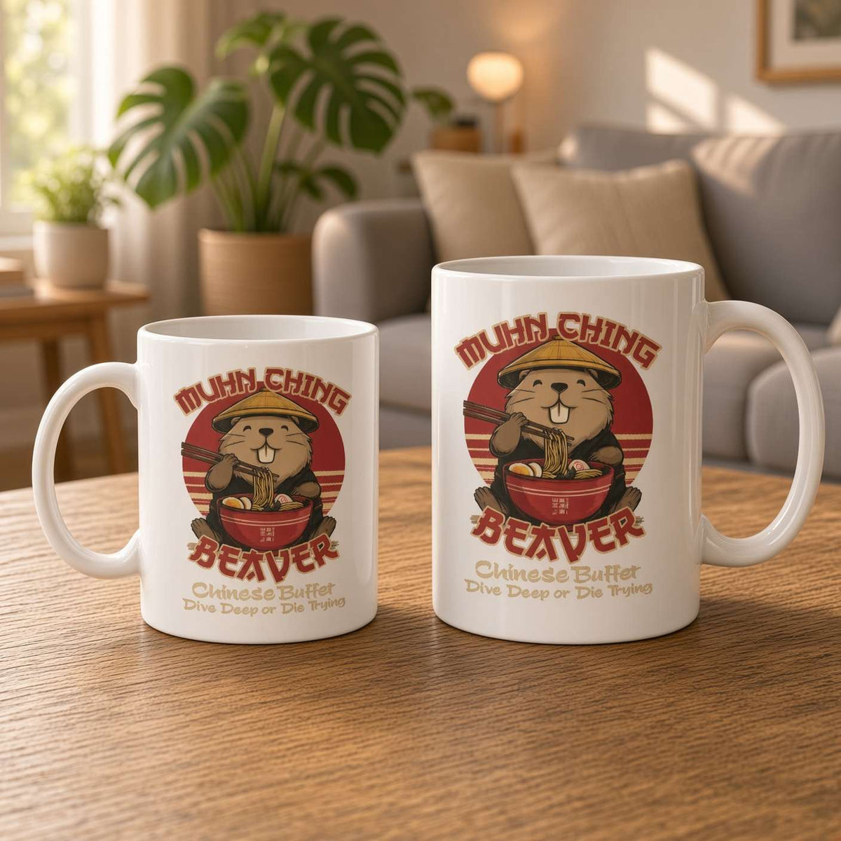Two white mugs on a wooden table feature a cartoon beaver eating noodles and “Munch Ching Beaver” text; a sunlit, plant-filled living room feels cozy.