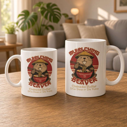 Two white mugs on a wooden table feature a cartoon beaver eating noodles and “Munch Ching Beaver” text; a sunlit, plant-filled living room feels cozy.