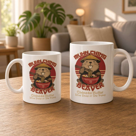 Two white mugs on a wooden table feature a cartoon beaver eating noodles and “Munch Ching Beaver” text; a sunlit, plant-filled living room feels cozy.