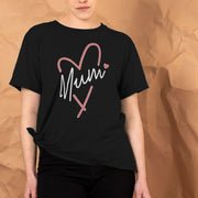 Woman wearing a black Mum T-shirt with 