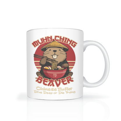 White ceramic mug featuring a cheerful beaver in a straw hat eating noodles, with “Munch-Ching Beaver” and “Chinese Buffet” text in a playful retro design.