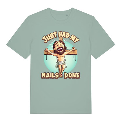 Aloe Just Had My Nails Done funny graphic t-shirt with cartoon Jesus on the cross  