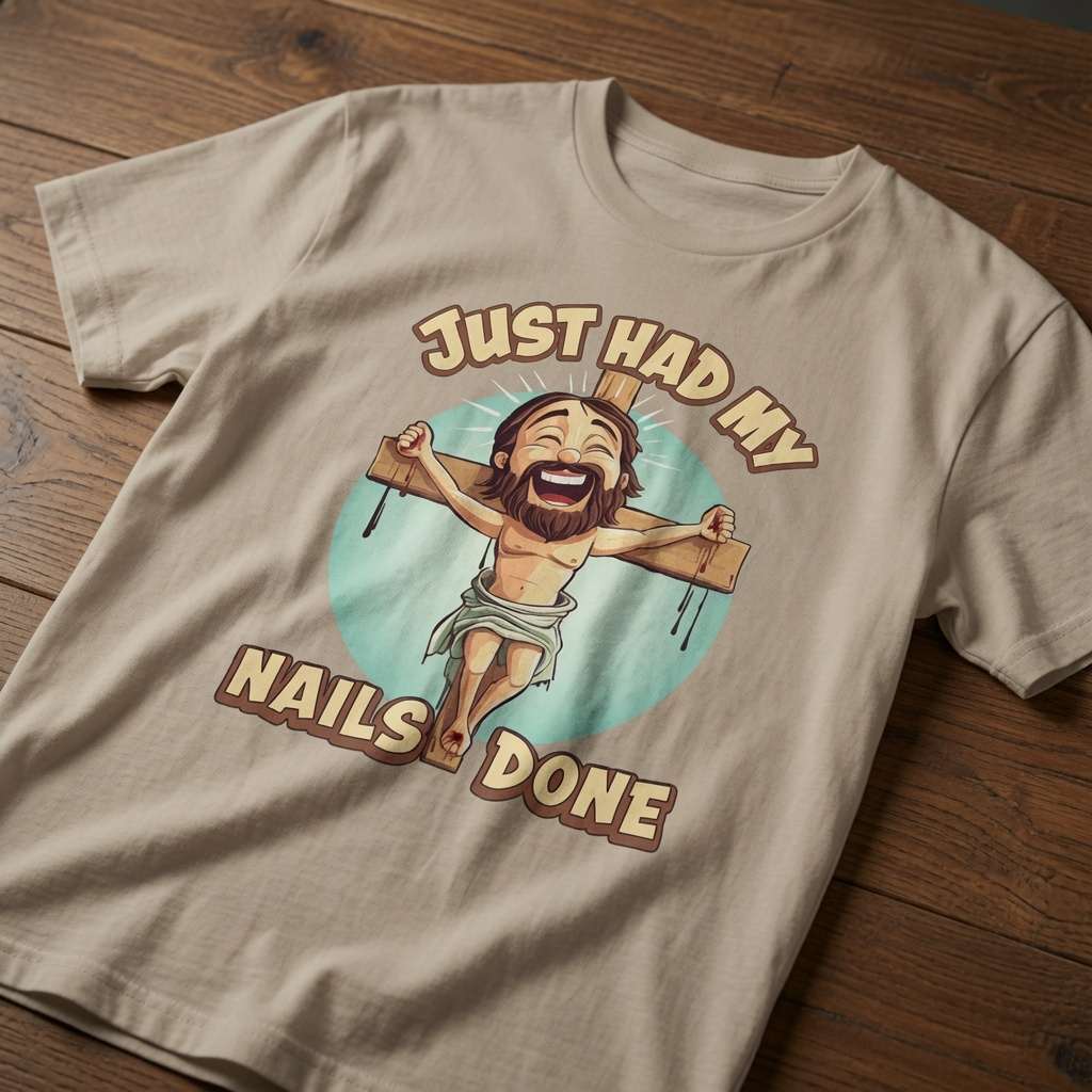 Beige Just Had My Nails Done t-shirt on wood with laughing Jesus graphic, fun jesus offensive easter joke