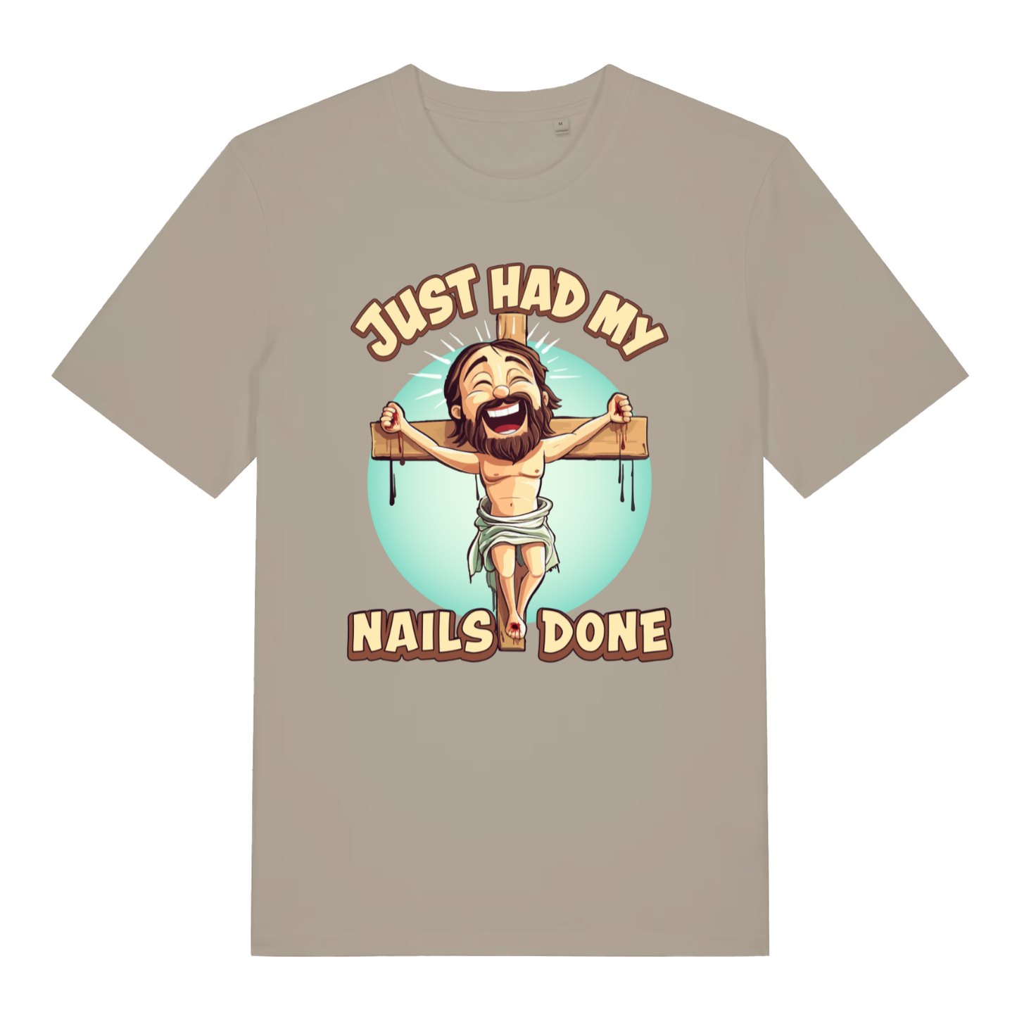 Beige Just Had My Nails Done funny graphic t-shirt featuring grinning Jesus and bold text  