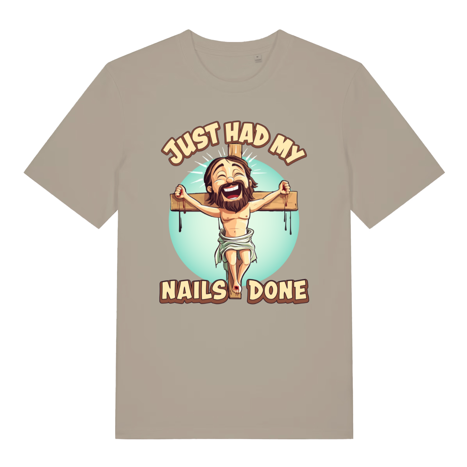 Beige Just Had My Nails Done funny graphic t-shirt featuring grinning Jesus and bold text  