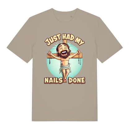 Beige Just Had My Nails Done funny graphic t-shirt featuring grinning Jesus and bold text  