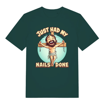 Green Just Had My Nails Done funny graphic t-shirt with Jesus crucifixion joke design  