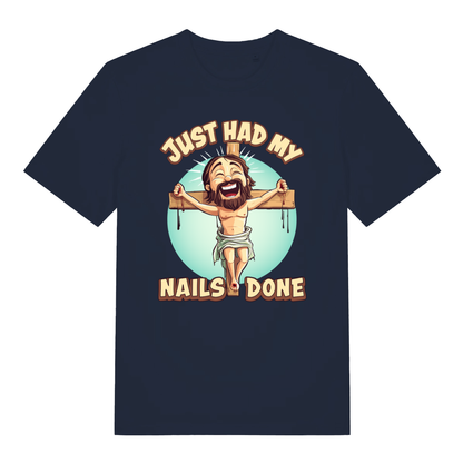 Navy Just Had My Nails Done funny graphic t-shirt showing cartoon Jesus and “Nails Done” lettering  