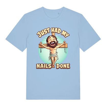 Sky blue Just Had My Nails Done funny graphic t-shirt with detailed offensive Easter design  