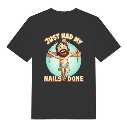 Black Just Had My Nails Done funny graphic t-shirt with cartoon Jesus on the cross  
