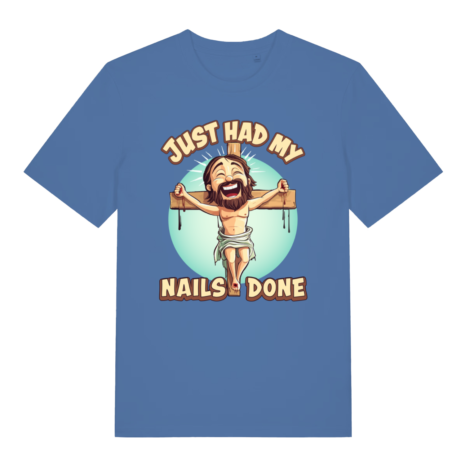 Blue Just Had My Nails Done funny graphic t-shirt featuring grinning Jesus and bold text  
