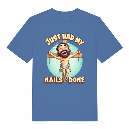 Blue Just Had My Nails Done funny graphic t-shirt featuring grinning Jesus and bold text  