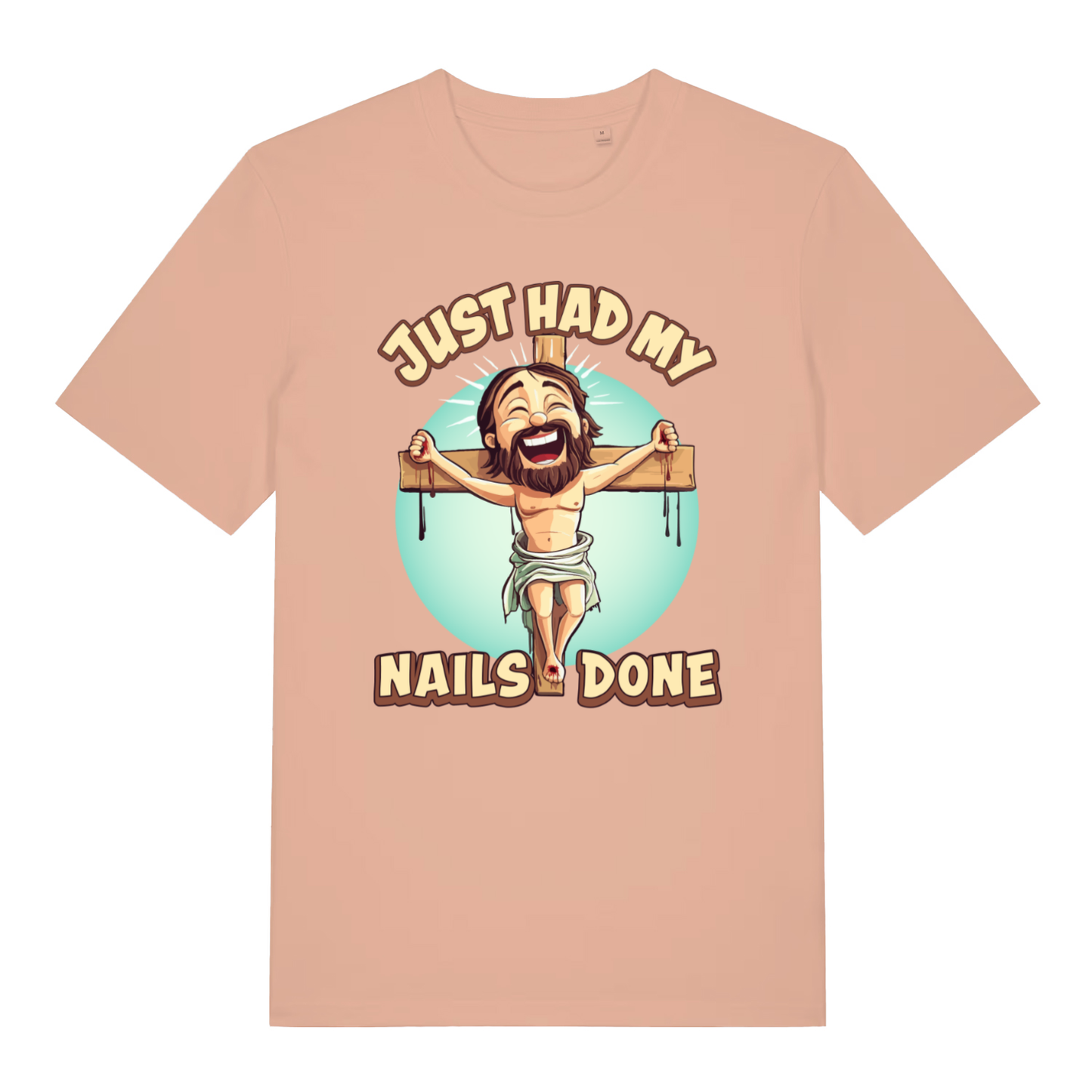 Peach Just Had My Nails Done funny graphic t-shirt showing cartoon Jesus and “Nails Done” lettering  