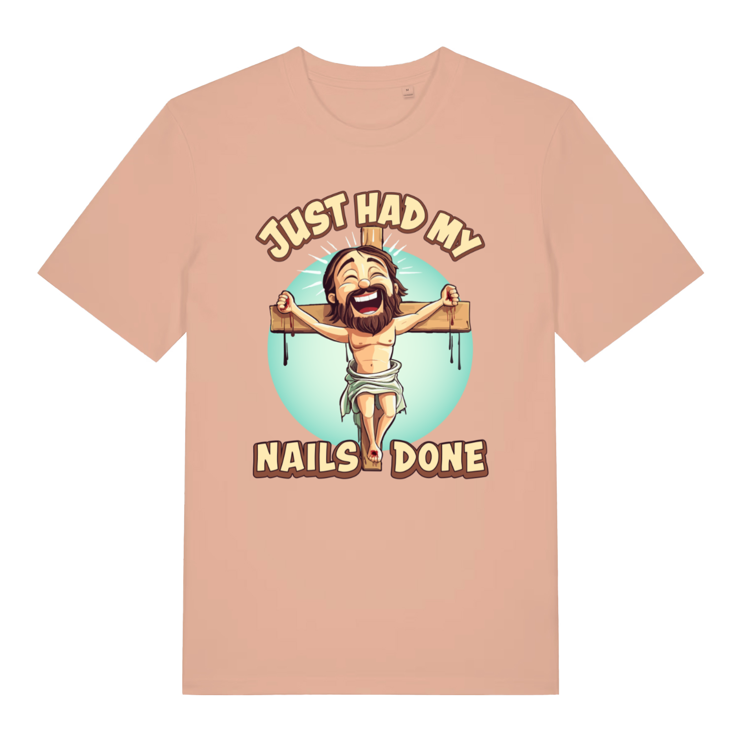 Peach Just Had My Nails Done funny graphic t-shirt showing cartoon Jesus and “Nails Done” lettering  