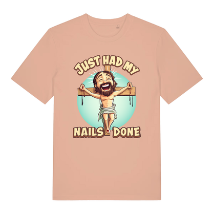 Peach Just Had My Nails Done funny graphic t-shirt showing cartoon Jesus and “Nails Done” lettering  