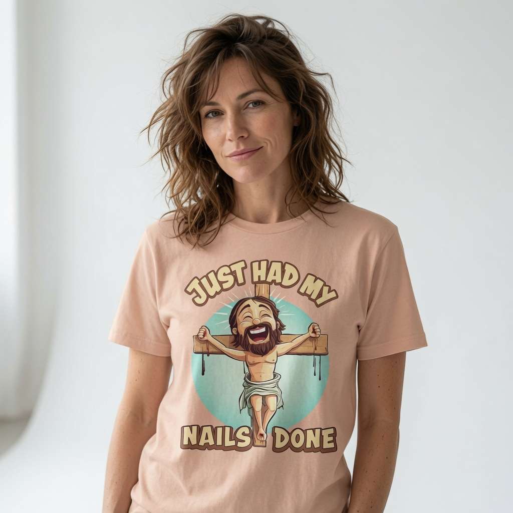 Woman with slight smile in peach Just Had My Nails Done t-shirt featuring laughing Jesus on cross, rude offensive jesus shirt