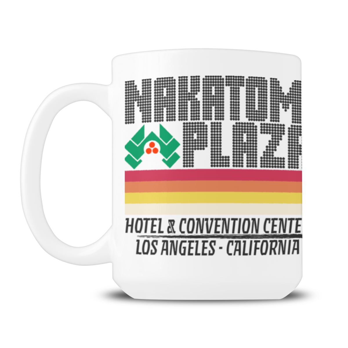 A white mug displays a retro “Naration Plaza” logo, green palm trees, colorful stripes, and text reading “Hotel & Convention Center, Los Angeles—California.”