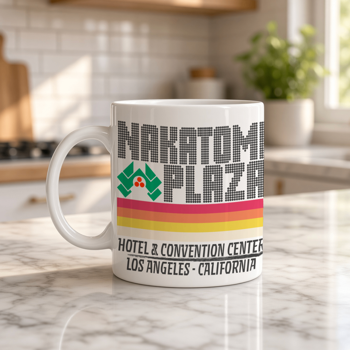 White souvenir mug in a sunlit kitchen, printed with “MART TOM PLAZA,” a green logo, colorful stripes, and “Hotel & Convention Center, Los Angeles, California”; nostalgic tone.