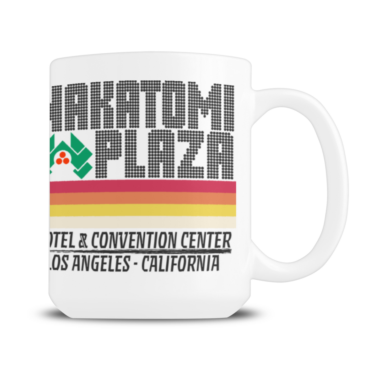 White ceramic mug featuring a retro graphic for the Hacienda Plaza Hotel and Convention Center in Los Angeles, California, with bold lettering and colorful stripes; nostalgic, upbeat tone.