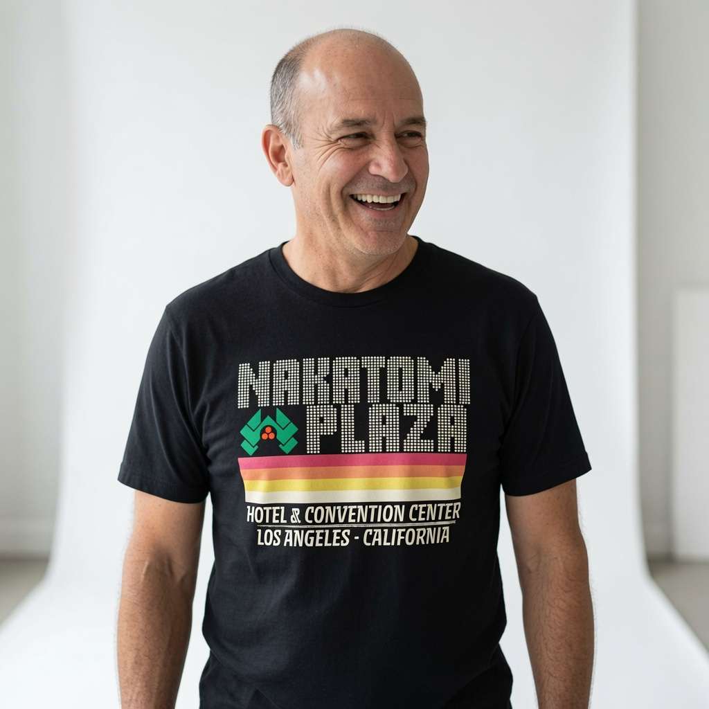 Bald man laughing in black Nakatomi Plaza tee, mens retro film inspired xmas