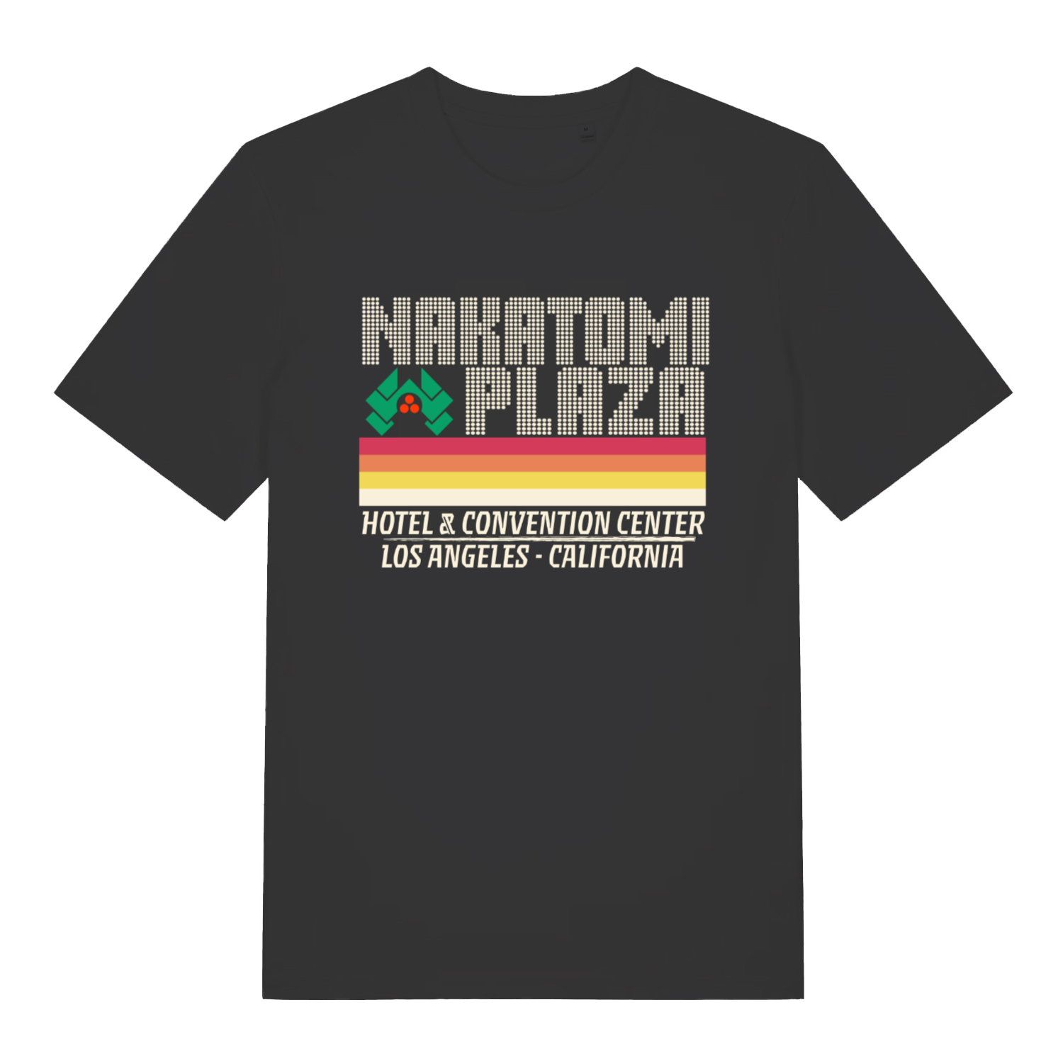 Black Nakatomi Plaza funny graphic t-shirt with retro pixel logo and rainbow stripe  