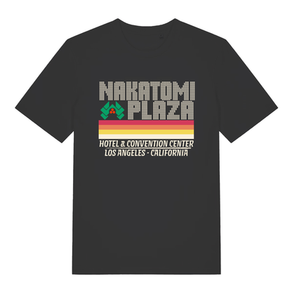 Black Nakatomi Plaza funny graphic t-shirt with retro pixel logo and rainbow stripe  