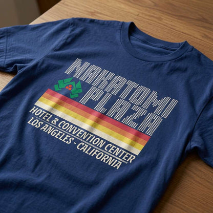 Blue Nakatomi Plaza t-shirt on wood, witty mens retro xmas film