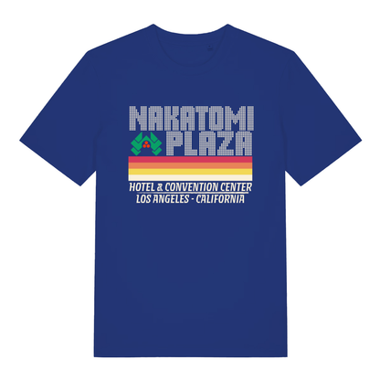 Blue Nakatomi Plaza funny graphic t-shirt featuring classic Die Hard Christmas design  