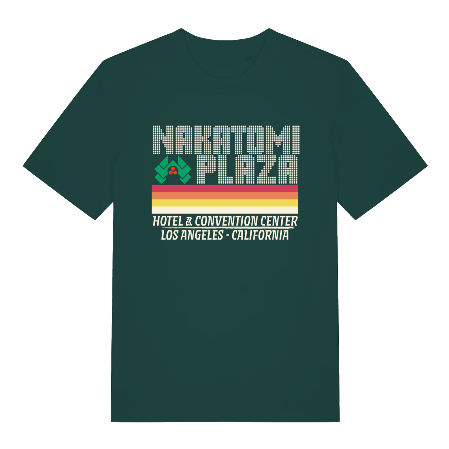 Green Nakatomi Plaza funny graphic t-shirt with hotel & convention center lettering  