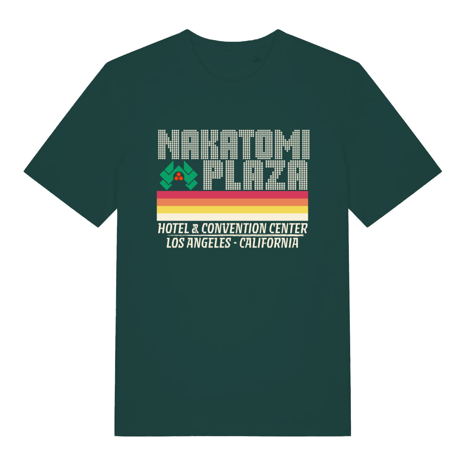 Green Nakatomi Plaza funny graphic t-shirt with hotel & convention center lettering  