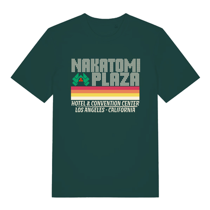 Green Nakatomi Plaza funny graphic t-shirt with hotel & convention center lettering  