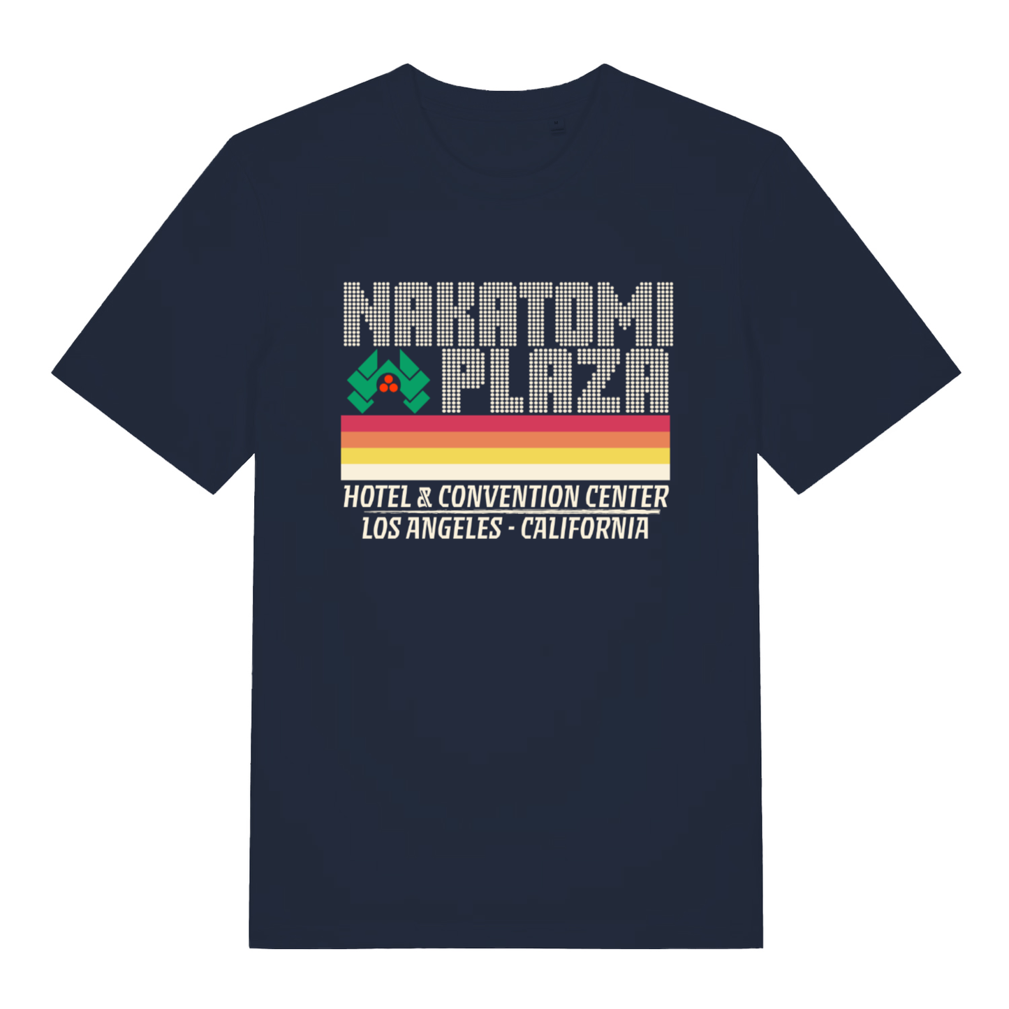 Navy Nakatomi Plaza funny graphic t-shirt showing retro Los Angeles Christmas movie logo  
