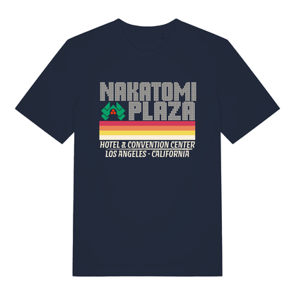 Navy Nakatomi Plaza funny graphic t-shirt showing retro Los Angeles Christmas movie logo  