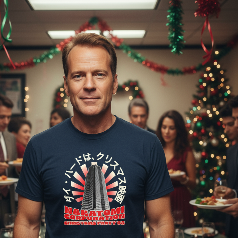 Man wearing a blue die hard t-shirt with a graphic design in a festive indoor setting