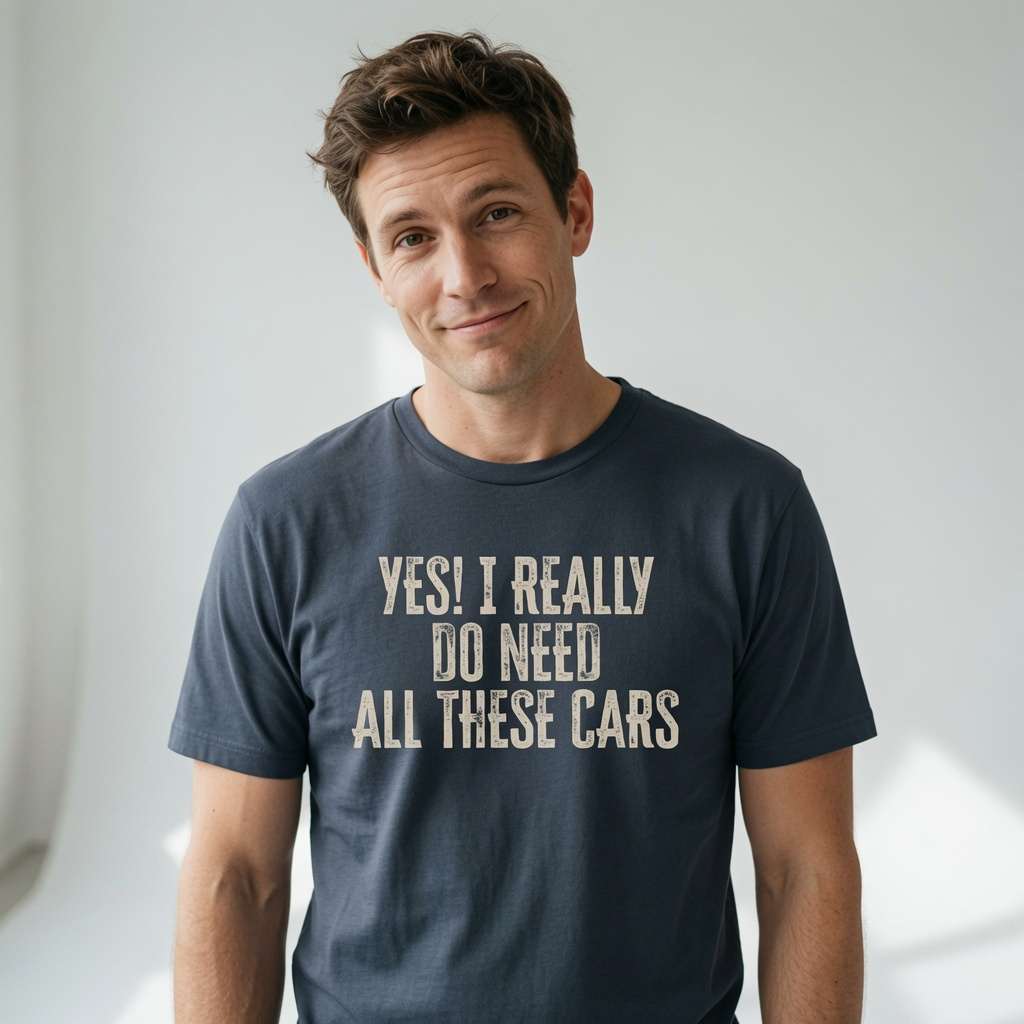 Man with a knowing half-smile wearing an ink grey Yes! I Really Do Need All These Cars t-shirt, witty and relatable slogan for dedicated car collectors