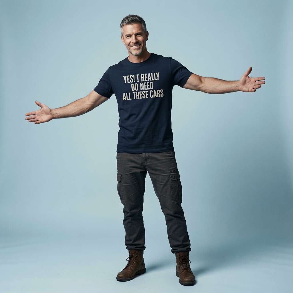 Man standing with arms wide open and a big grin in a navy Yes! I Really Do Need All These Cars t-shirt, fun petrolhead statement for the true car enthusiast