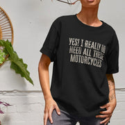 A Woman wearing a black Motorcycle T-shirt with the humorous text 