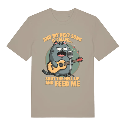 Beige And My Next Song Is Called Shut The Hell Up And Feed Me funny graphic t-shirt with angry cat singer  