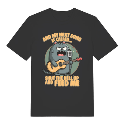 Black And My Next Song Is Called Shut The Hell Up And Feed Me funny graphic t-shirt featuring furious cat with guitar  