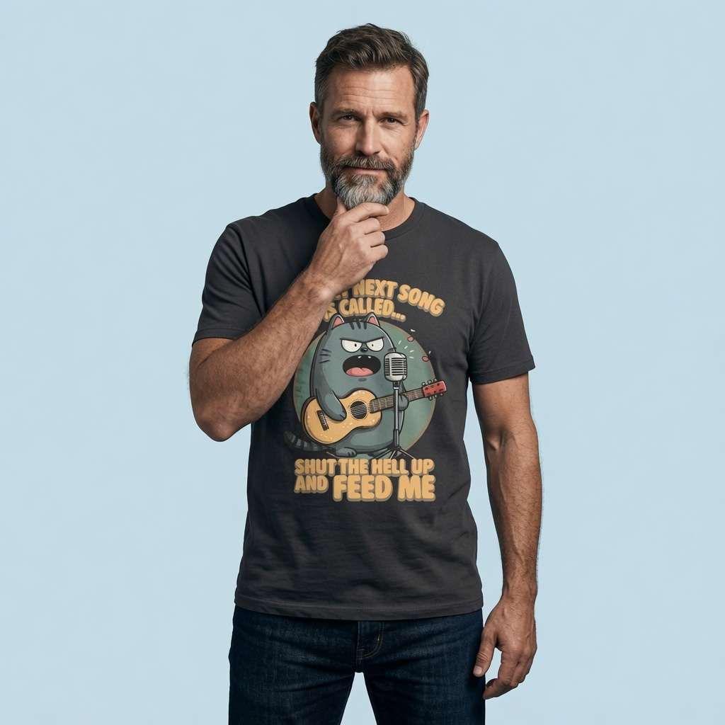 Bearded man resting a hand on his chin looking thoughtful in a dark grey t-shirt with the furious singing cat graphic and the full “Shut The Hell Up And Feed Me” slogan