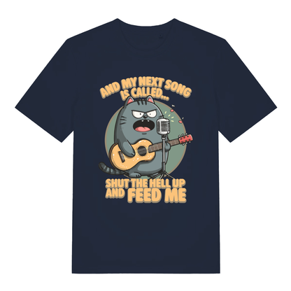 Navy And My Next Song Is Called Shut The Hell Up And Feed Me funny graphic t-shirt showing singing cat and microphone  