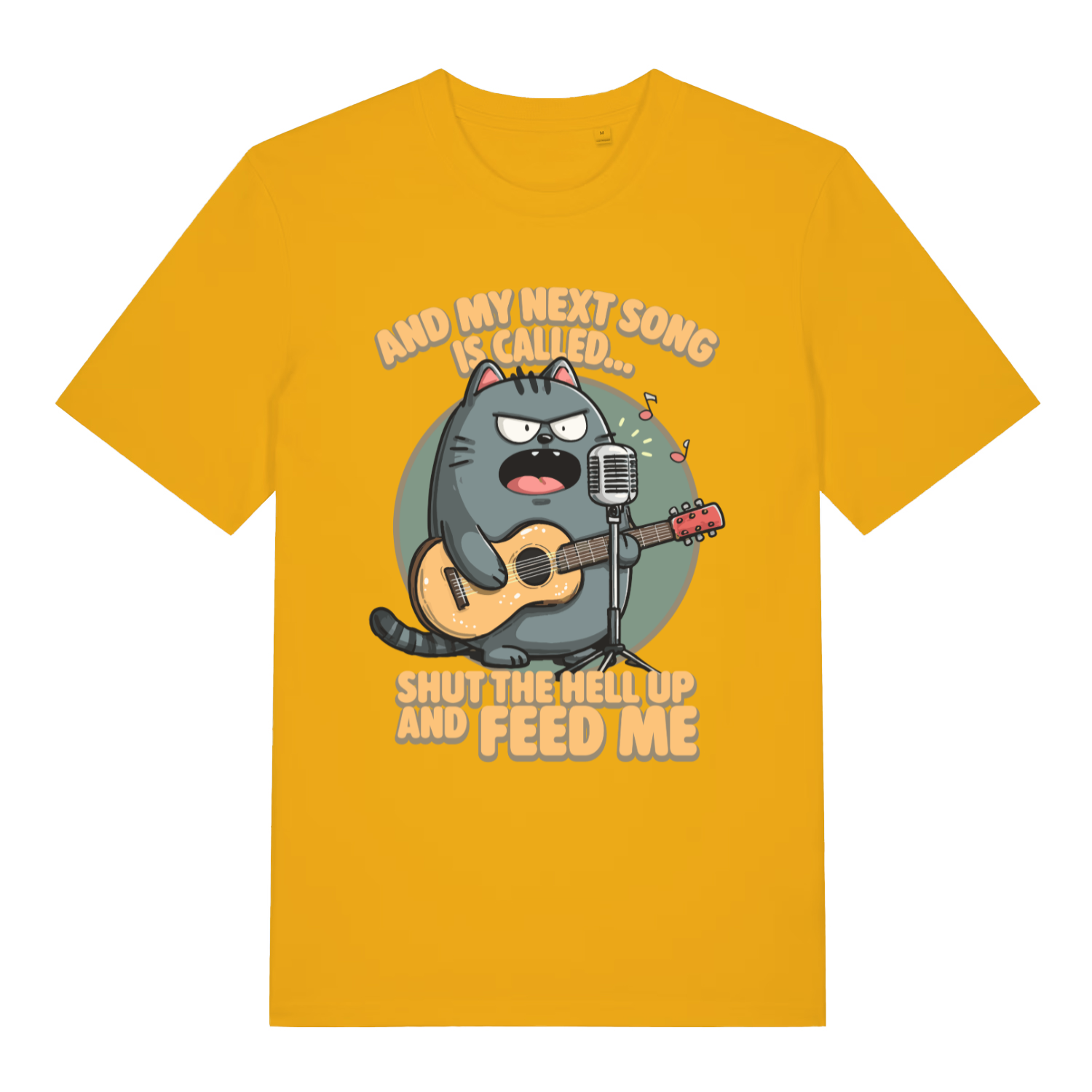 Yellow And My Next Song Is Called Shut The Hell Up And Feed Me funny graphic t-shirt featuring witty cat song design  