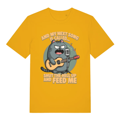 Yellow And My Next Song Is Called Shut The Hell Up And Feed Me funny graphic t-shirt featuring witty cat song design  