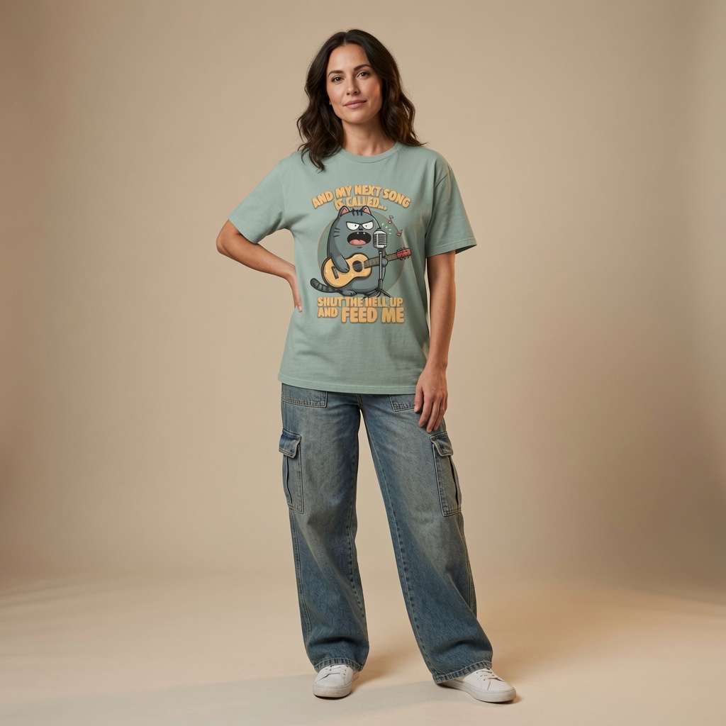 Woman standing with one hand on her hip in a soft aloe green t-shirt showing the furious singing cat graphic and the witty “Shut The Hell Up And Feed Me” text