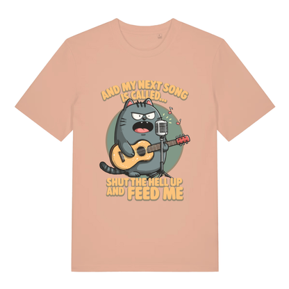 Peach And My Next Song Is Called Shut The Hell Up And Feed Me funny graphic t-shirt showing singing cat and microphone  