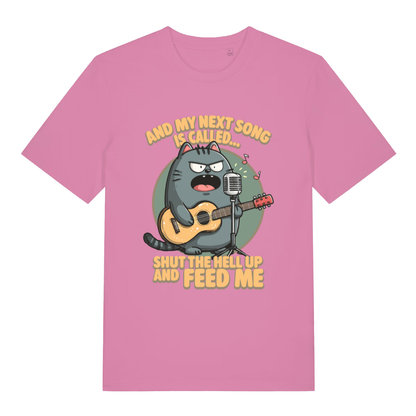Pink And My Next Song Is Called Shut The Hell Up And Feed Me funny graphic t-shirt with bold angry cat graphic  