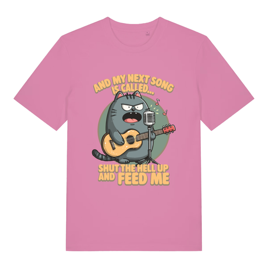 Pink And My Next Song Is Called Shut The Hell Up And Feed Me funny graphic t-shirt with bold angry cat graphic  