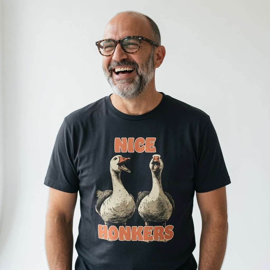 Bald man with glasses laughing heartily in a black Nice Honkers t-shirt, funny cheeky goose graphic that delivers pure rude banter