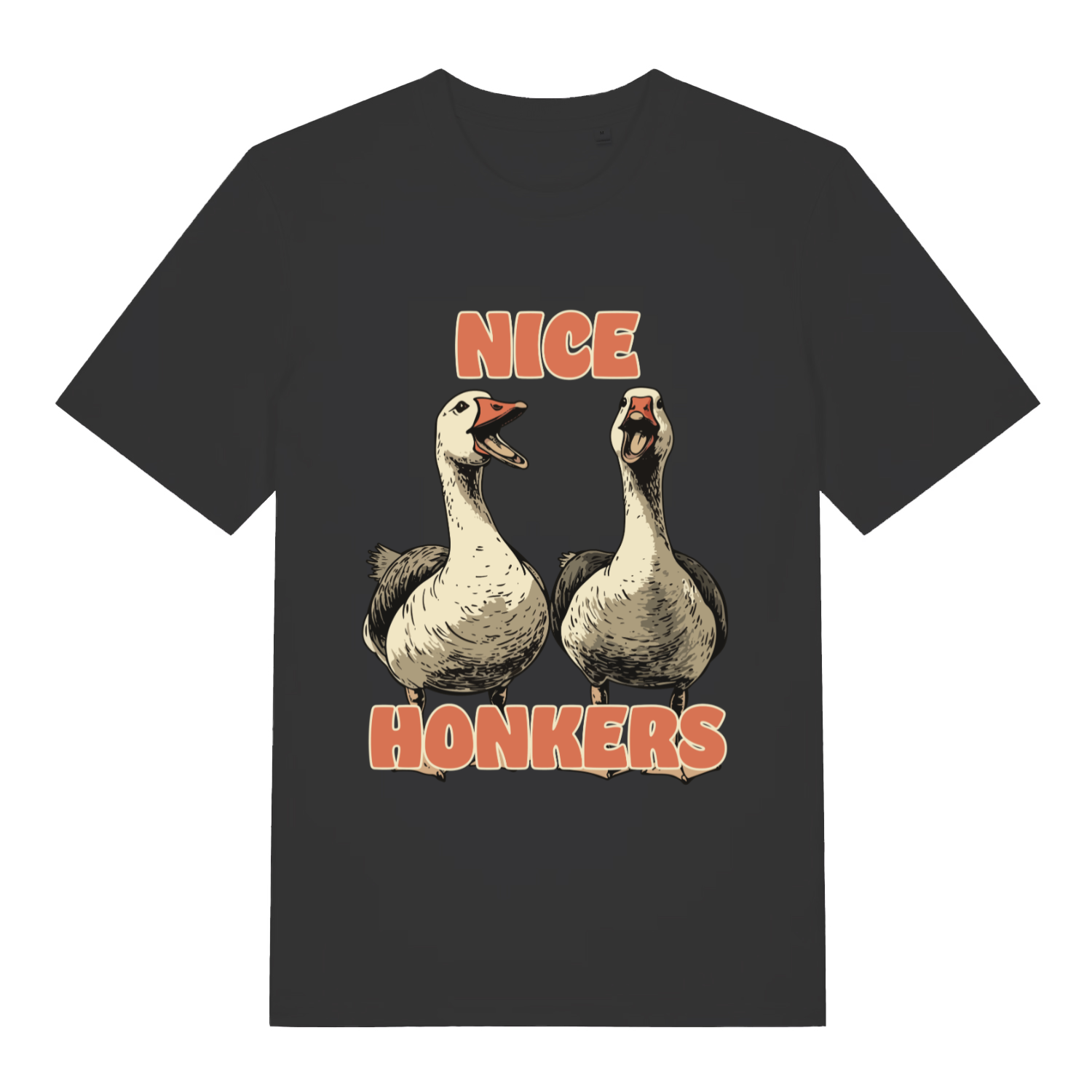 Black Nice Honkers funny graphic t-shirt with two open-beaked geese  
